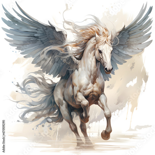 The image depicts a pegasus, a mythical creature from ancient Greek mythology, with angel wings and the head of a horse. The pegasus is in motion, galloping 