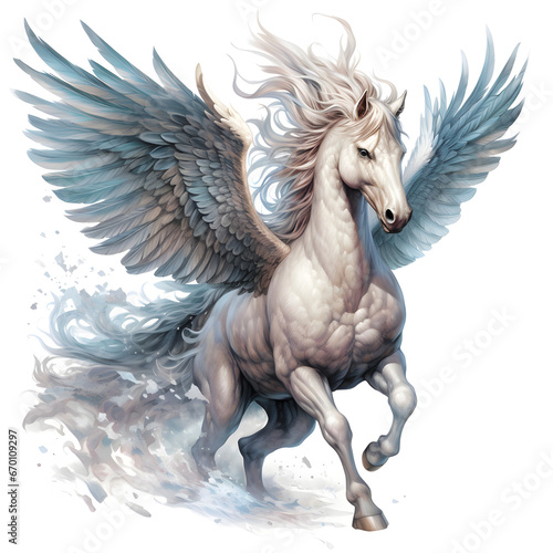 The image depicts a pegasus, a mythical creature from ancient Greek mythology, with angel wings and the head of a horse. The pegasus is in motion, galloping 