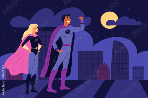 Super heroes team in city. Cartoon strong couple in heroic costumes. Comic characters. Superheroes standing on building roof. People fight evil on night streets. Garish vector concept