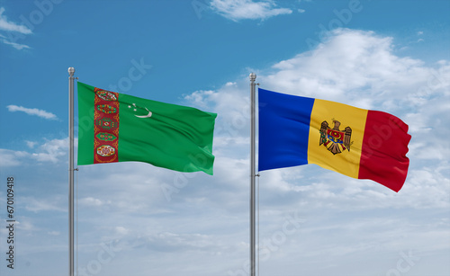 Moldova and Turkmenistan flags, country relationship concept
