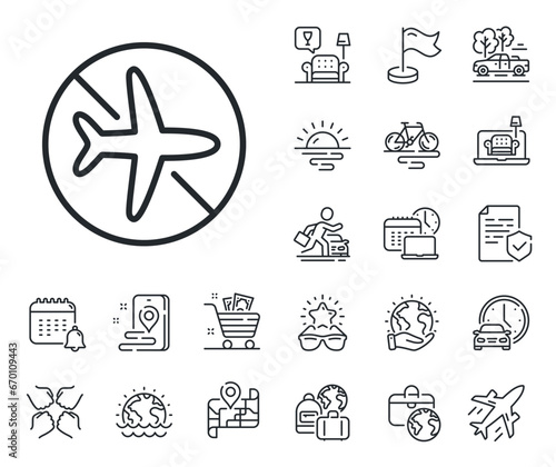 Airplane mode sign. Plane jet, travel map and baggage claim outline icons. Flight mode line icon. Turn device offline symbol. Flight mode line sign. Car rental, taxi transport icon. Vector
