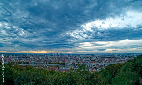 Wide angle view of Lyon skyline on a cloudy autumn morning from Fourviere hill, France