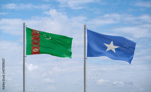 Somalia and Turkmenistan flags, country relationship concept