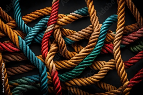 Two different colored ropes, one vibrant red and the other deep blue, intertwine gracefully to form a single square knot on a black background. 