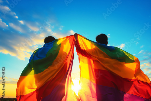 Back view of gay couple with rainbow flag in the park. LGBT concept