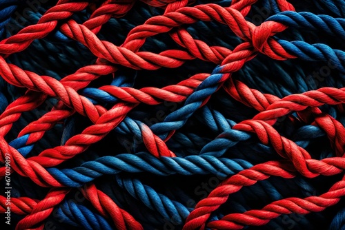 Two different colored ropes, one vibrant red and the other deep blue, intertwine gracefully to form a single square knot on a black background. 