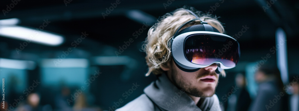 Man wearing VR headset at the office, virtual reality glasses to browse the internet, business setting – extra space for text
