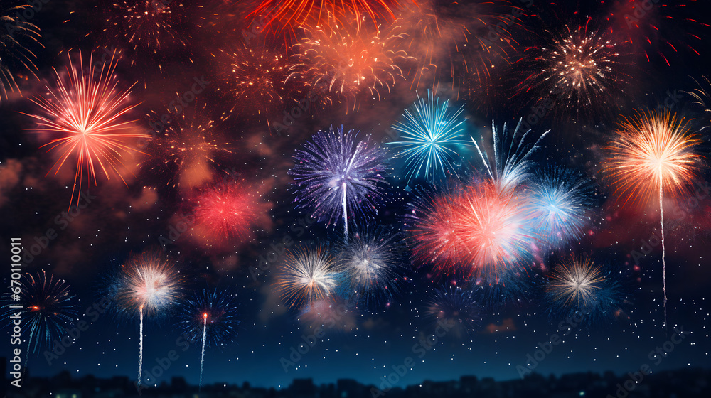 Fototapeta premium A firework display, with a starry night sky as the background, during a grand New Year's spectacle