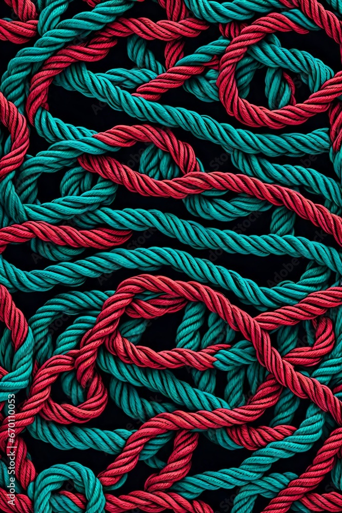 Two different colored ropes, one vibrant red and the other deep blue, intertwine gracefully to form a single square knot on a black background. Two different colored ropes, one vibrant red and the other deep blue, intertwine gracefully to form a single square knot on a black background.
