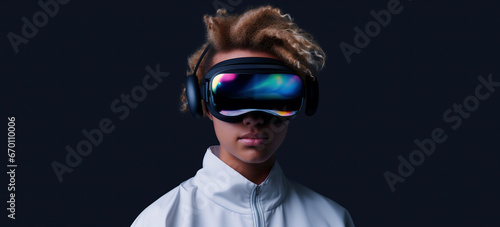 Girl with frizzy hair wearing a VR headset, virtual reality glasses to navigate the metaverse, dark background