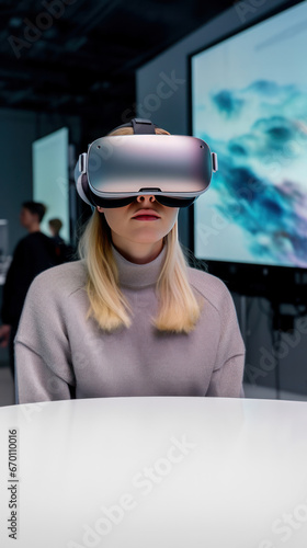 VR meta quest headset on girl with blonde hair entering the metaverse with a virtual reality headset at a tech convention – extra space for text
