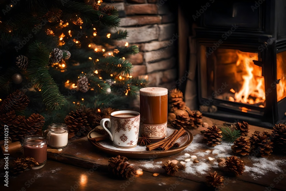 chimney burning with fire with lamp cups with hot coffe and smoke and christmas tree chimney burning with fire with lamp cups with hot coffe and smoke and christmas tree