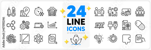 Icons set of Atom core, Cogwheel and Seo idea line icons pack for app with Coal trolley, Ethics, Qr code thin outline icon. Hold document, Copyright laptop, Employees wealth pictogram. Vector