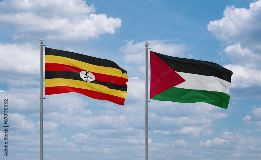 Palestine and Uganda flags, country relationship concept Palestine and Uganda flags, country relationship concept