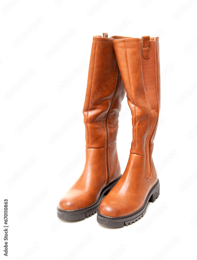 New high brown boots on a white background.