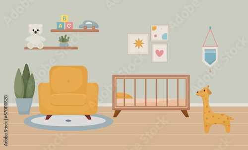 nursery room interior, furniture and accessories for children, kids room, modern interior design, toys, armchair, giraffe, crib, vector illustration