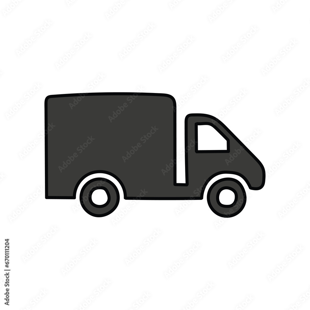 A hand-drawn cartoon icon of a gray truck on a white background.