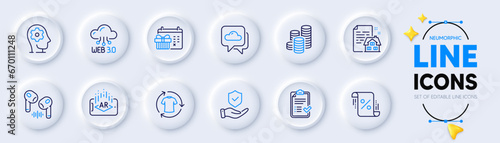 Coins, Change clothes and Christmas calendar line icons for web app. Pack of Weather forecast, Brain working, Web3 pictogram icons. Insurance hand, Augmented reality, Approved checklist signs. Vector