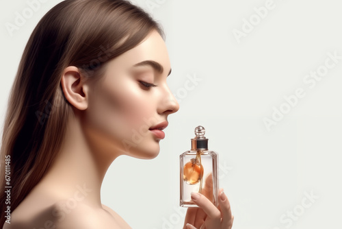 A beautiful european model poses with a perfume bottle , perfect for your high quality advertising and printing projects.