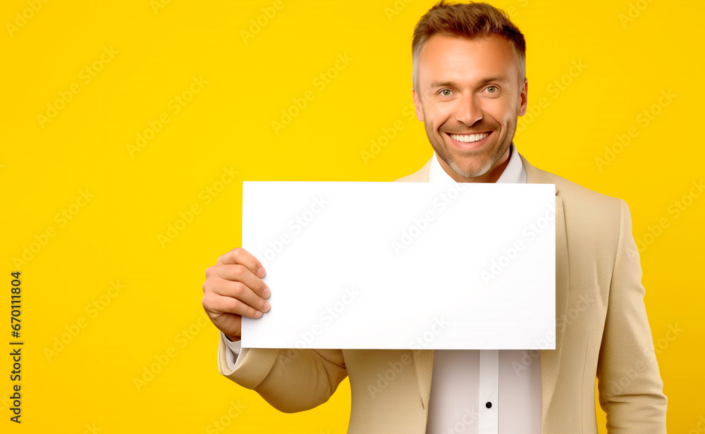 OPTIMISTIC SMILING BUSINESSMAN SHOWING BLANK WHITE POSTER FOR MARKETING ON YELLOW BACKGROUND. legal AI OPTIMISTIC SMILING BUSINESSMAN SHOWING BLANK WHITE POSTER FOR MARKETING ON YELLOW BACKGROUND. legal AI