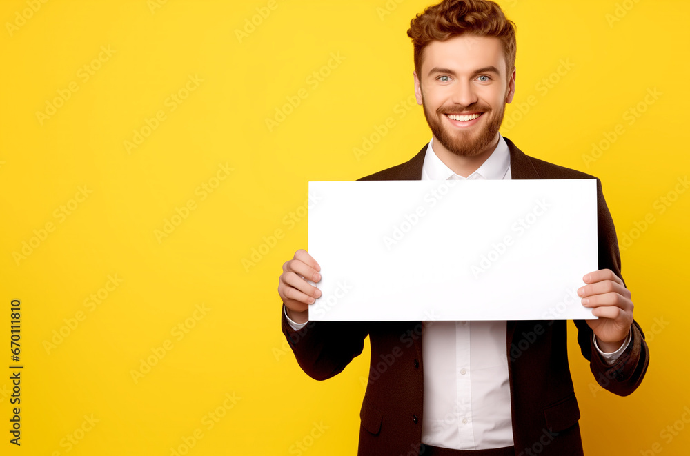 OPTIMISTIC SMILING BUSINESSMAN SHOWING BLANK WHITE POSTER FOR MARKETING ON YELLOW BACKGROUND. legal AI OPTIMISTIC SMILING BUSINESSMAN SHOWING BLANK WHITE POSTER FOR MARKETING ON YELLOW BACKGROUND. legal AI