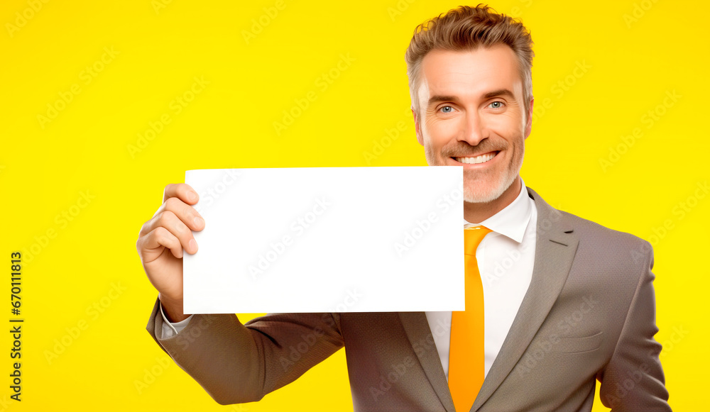 OPTIMISTIC SMILING BUSINESSMAN SHOWING BLANK WHITE POSTER FOR MARKETING ON YELLOW BACKGROUND. legal AI OPTIMISTIC SMILING BUSINESSMAN SHOWING BLANK WHITE POSTER FOR MARKETING ON YELLOW BACKGROUND. legal AI