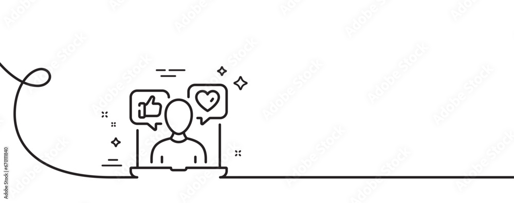 Social media line icon. Continuous one line with curl. Influence sign. Media specialist symbol. Social media single outline ribbon. Loop curve pattern. Vector Social media line icon. Continuous one line with curl. Influence sign. Media specialist symbol. Social media single outline ribbon. Loop curve pattern. Vector