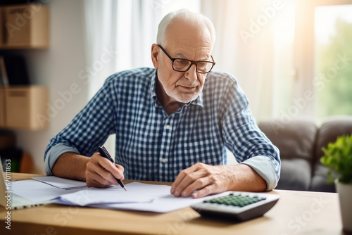 Old man in glasses meticulously inspecting tiny numbers and figures revealing dedication to understanding financial situation. Pensioner sitting at desk leaning in to examine financial statements.