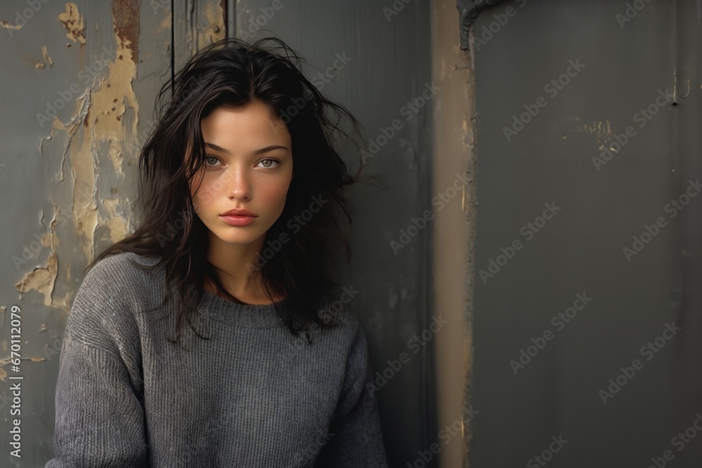 jeune modèle brune portant un pullover gris sur fond grunge avec espace pour texte - obrazy, fototapety, plakaty 