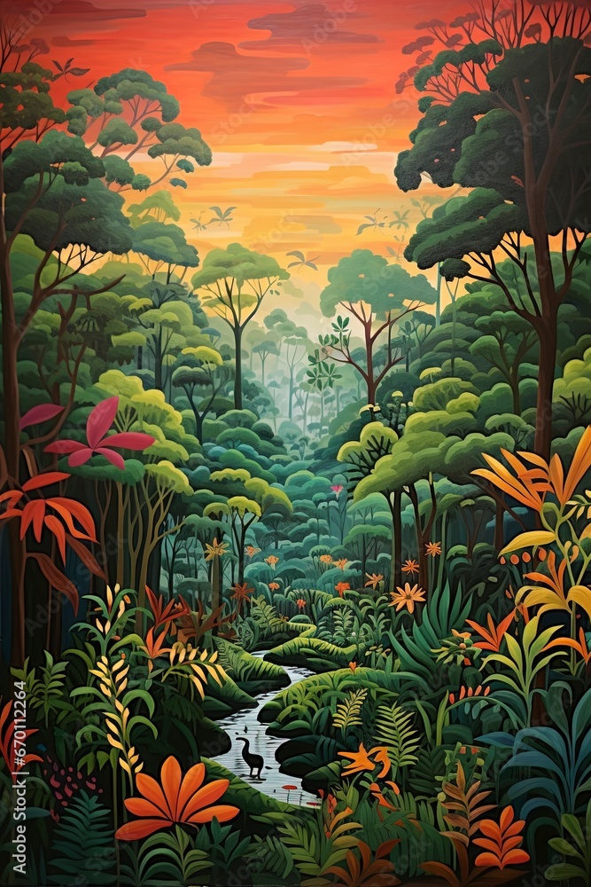 A naive style jungle with lush plants. Tropical garden illustration with green colorful vegetation. A naive style jungle with lush plants. Tropical garden illustration with green colorful vegetation.