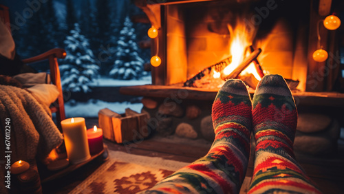 Cozy winter Christmas cozy background Christmas socks close to the hot stove , Generative AI