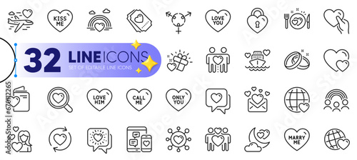 Outline set of Kiss me, Marry me and Love lock line icons for web with Love gift, Dating, Lgbt thin icon. Romantic dinner, Heart, Honeymoon travel pictogram icon. Friends world. Vector