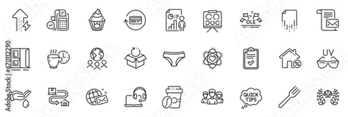 Icons pack as Coffee break, Open door and Checklist line icons for app include Ole chant, Wash hands, Recovery file outline thin icon web set. Tracking parcel, Justice scales. Vector