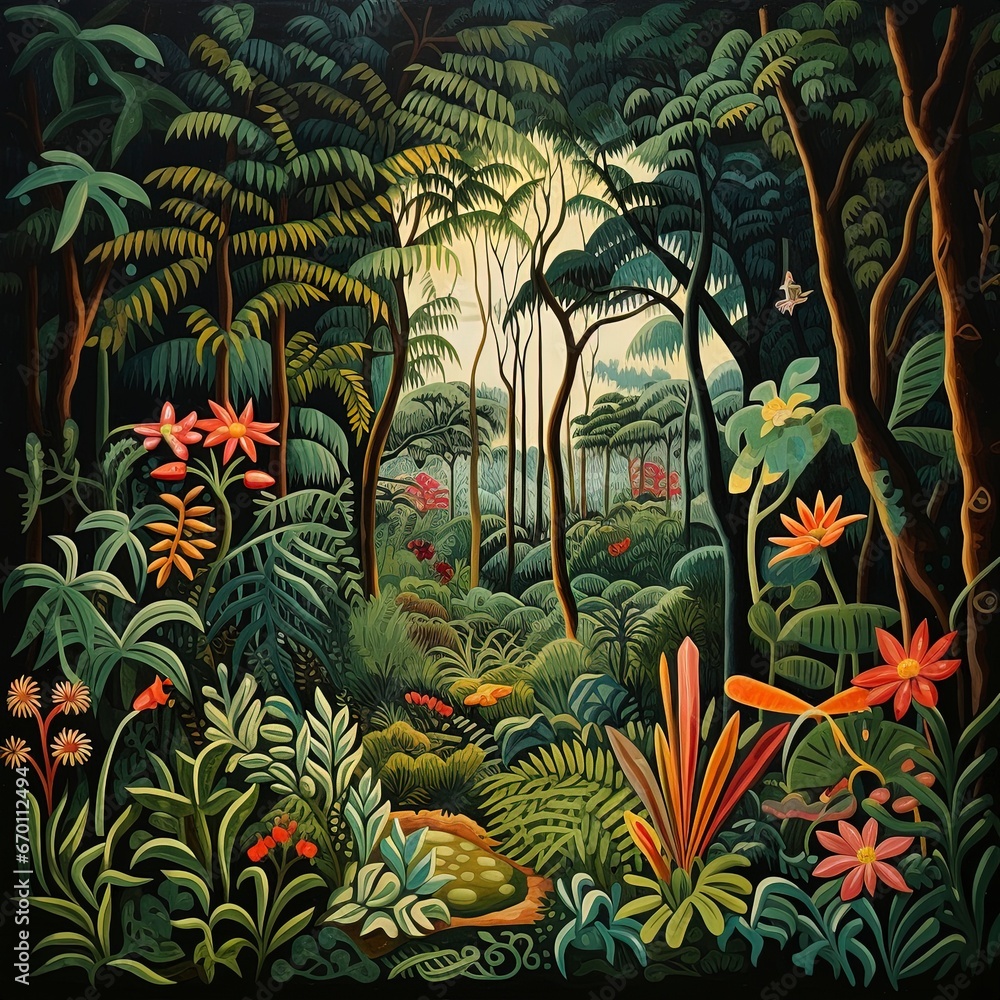 Fototapeta A naive style jungle with lush plants. Tropical garden illustration with green colorful vegetation.