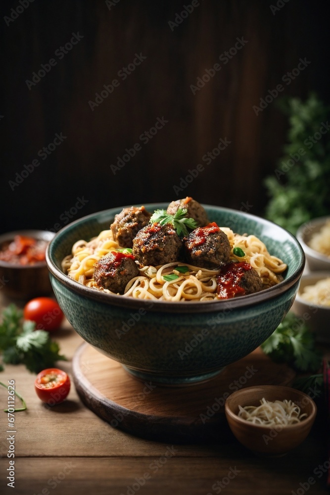 mouthwatering bowl of noodles with meatballs mouthwatering bowl of noodles with meatballs