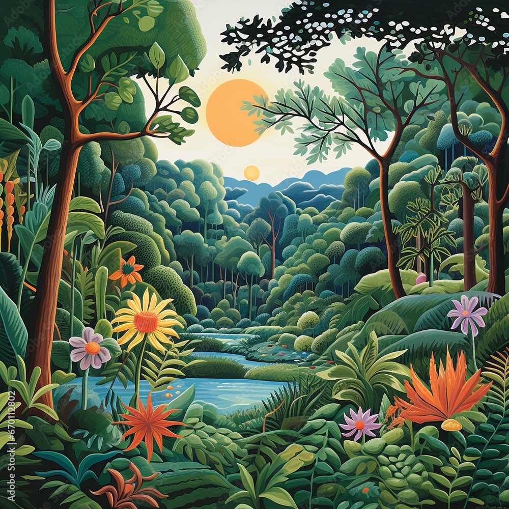 Obraz premium A naive style jungle with lush plants. Tropical garden illustration with green colorful vegetation.