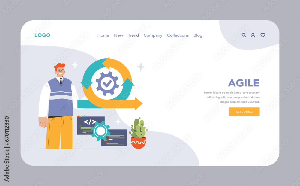 DevOps web banner or landing page. Software development methodology. Software development and it operations life cycle, IT service integration and automation. Flat vector illustration DevOps web banner or landing page. Software development methodology. Software development and it operations life cycle, IT service integration and automation. Flat vector illustration