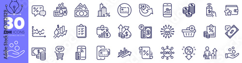 Diagram chart, Coins and Inflation line icons pack. Parking payment, Vip shopping, Checklist web icon. Discount, Loan percent, Accepted payment pictogram. Growth chart, Phone pay, Discounts. Vector