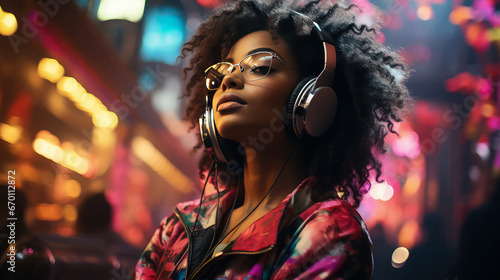 Portrait of a Beautiful African American Woman in Headphones Listening to Music and Enjoying a Good Mood in Neon Lighting.