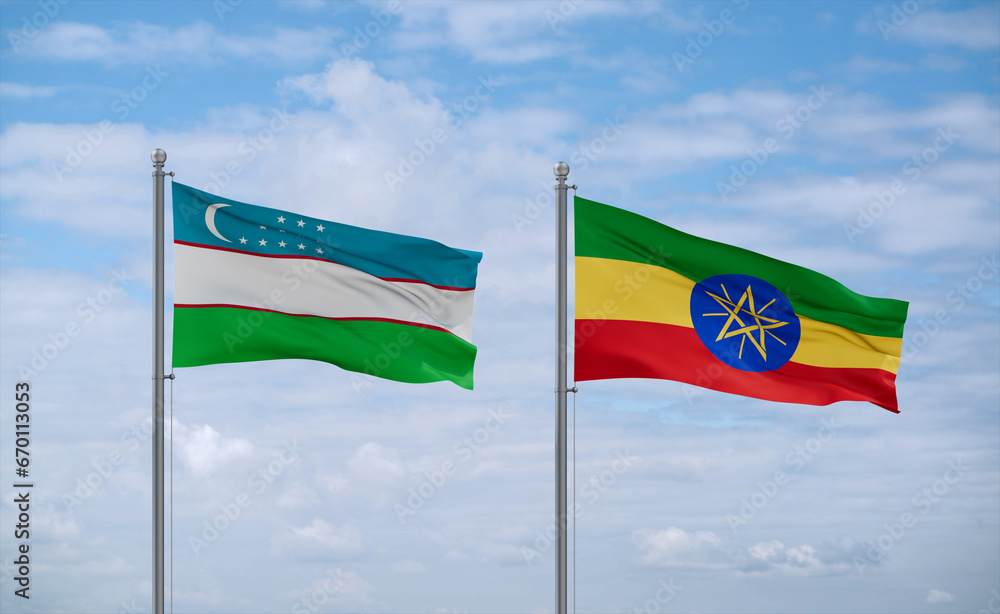 Ethiopia and Uzbekistan flags, country relationship concept Ethiopia and Uzbekistan flags, country relationship concept