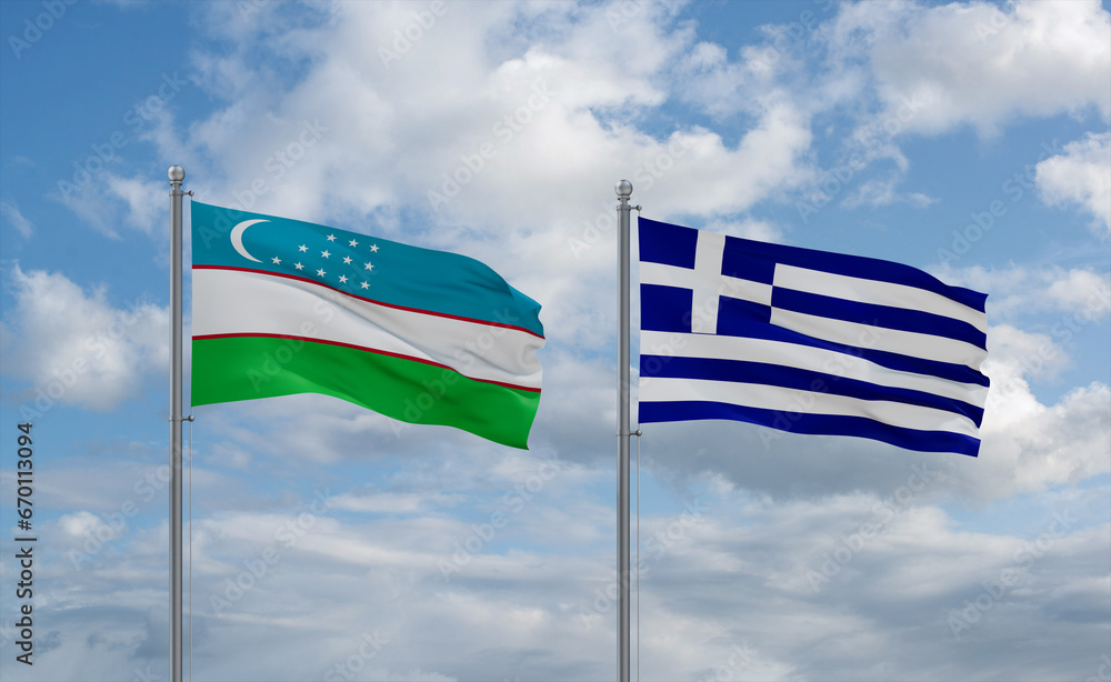 Fototapeta premium Greece and Uzbekistan flags, country relationship concept