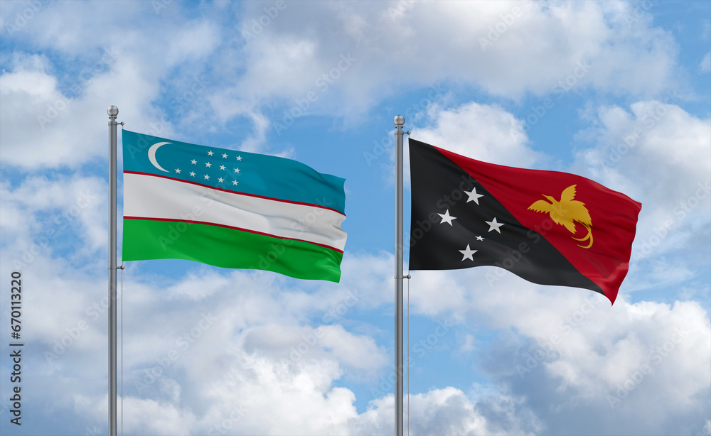 Papua New Guinea and Uzbekistan flags, country relationship concept Papua New Guinea and Uzbekistan flags, country relationship concept