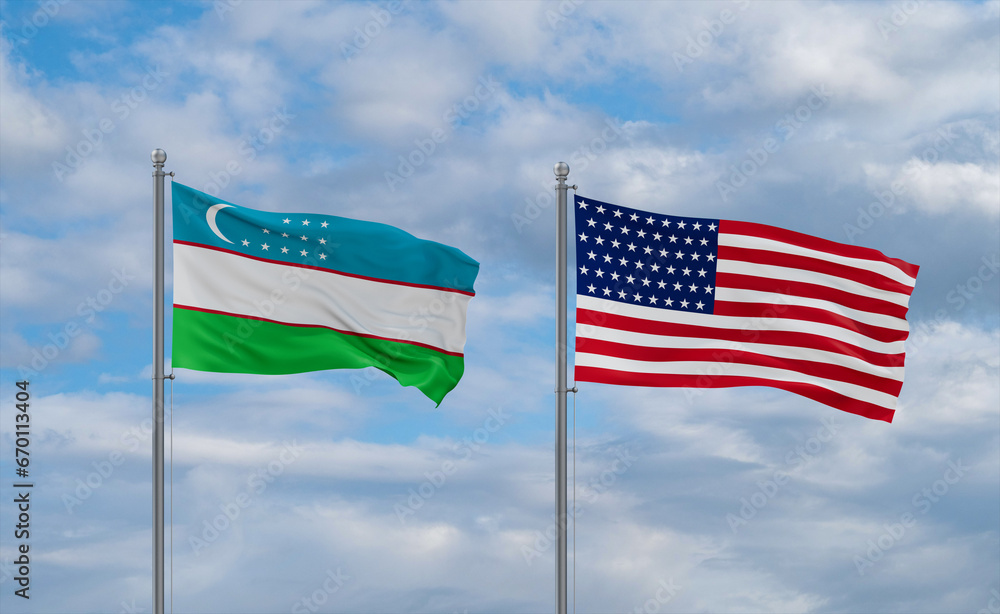 Fototapeta premium USA and Uzbekistan flags, country relationship concepts