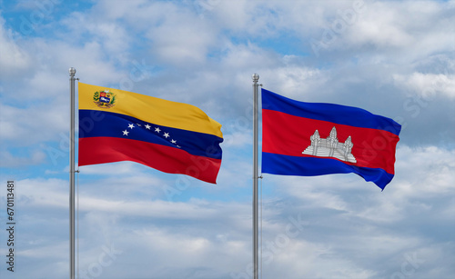 Cambodia and Venezuela flags, country relationship concept