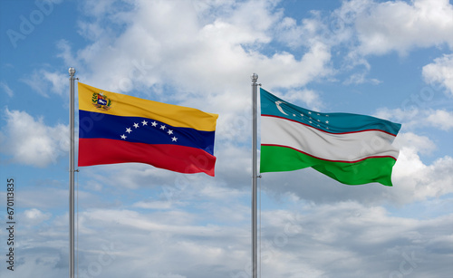 Uzbekistan and Venezuela flags, country relationship concept