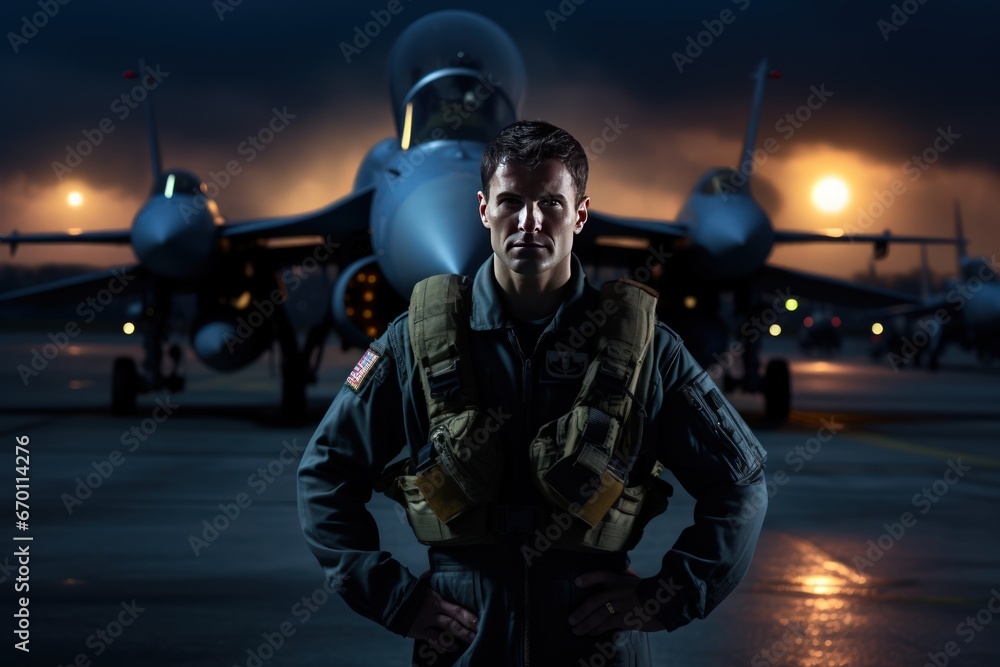 Night photo of a modern fighter pilot. A serious young Caucasian pilot posing against the backdrop of a modern fighter jets. Night photo of a modern fighter pilot. A serious young Caucasian pilot posing against the backdrop of a modern fighter jets.