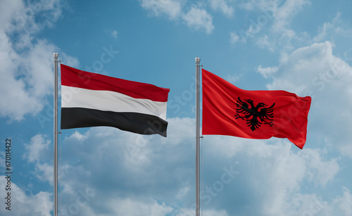 Yemen and Albania national flags, country relationship concept