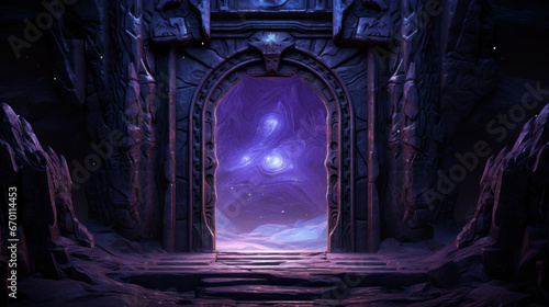 Magic Stone Gate With Neon Glowing Light Amidst Cosmic Landscape, Abstract Futuristic Neon Portal With Spectrum Light Effect. Celestial Stone Portal Background. Generative AI
