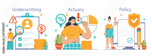 Insurance set. Idea of security and protection of life and property. Healthcare and first aid. Emergencies compensation or clinic services spendings coverage. Flat vector illustration