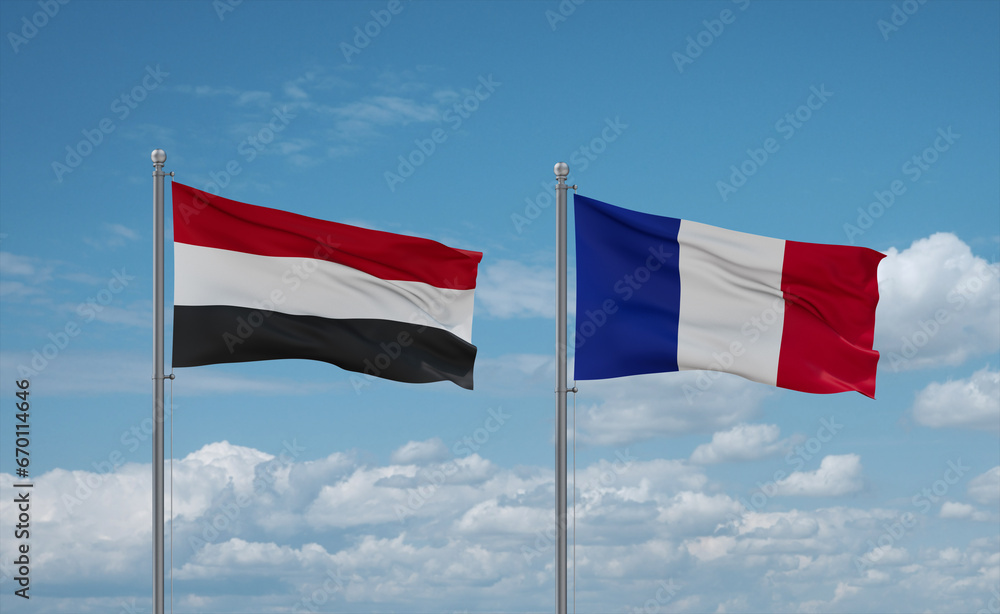 Yemen and France flags, country relationship concept Yemen and France flags, country relationship concept